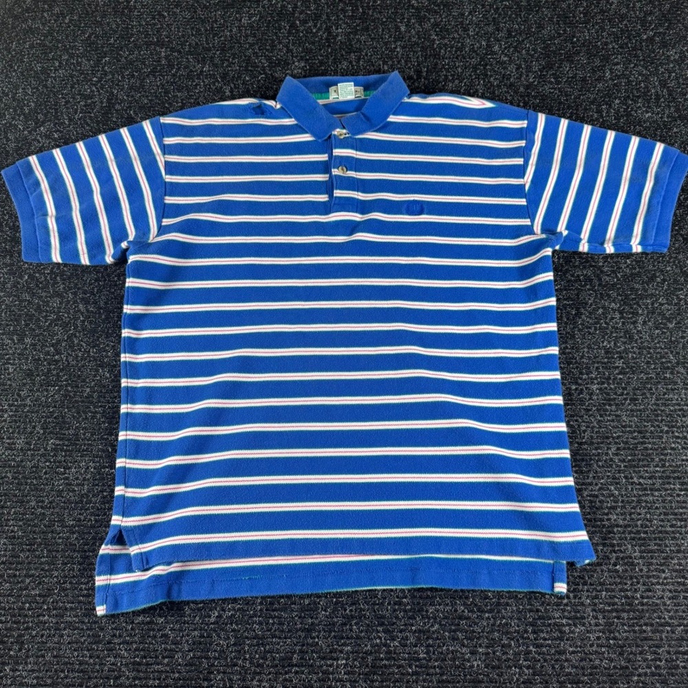 Izod Mens Polo Shirt Large Blue Striped Short Sleeve Cotton Pique Vintage Style‎